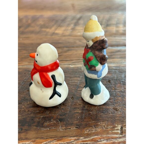 Vintage Ceramic Snowman & Boy Figurines Holding Gifts Christmas Village Figurine - Picture 4 of 12